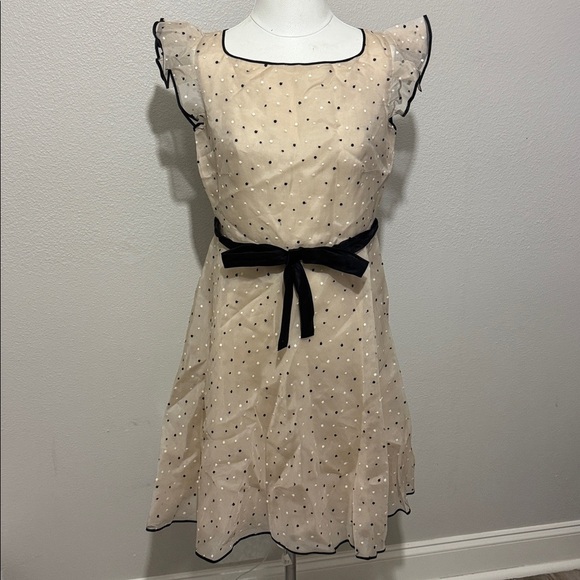 Valentino Beige Silk Polka Dots Embroidered Ruffle Sleeve Bow Waist Flare Dress - Picture 5 of 12